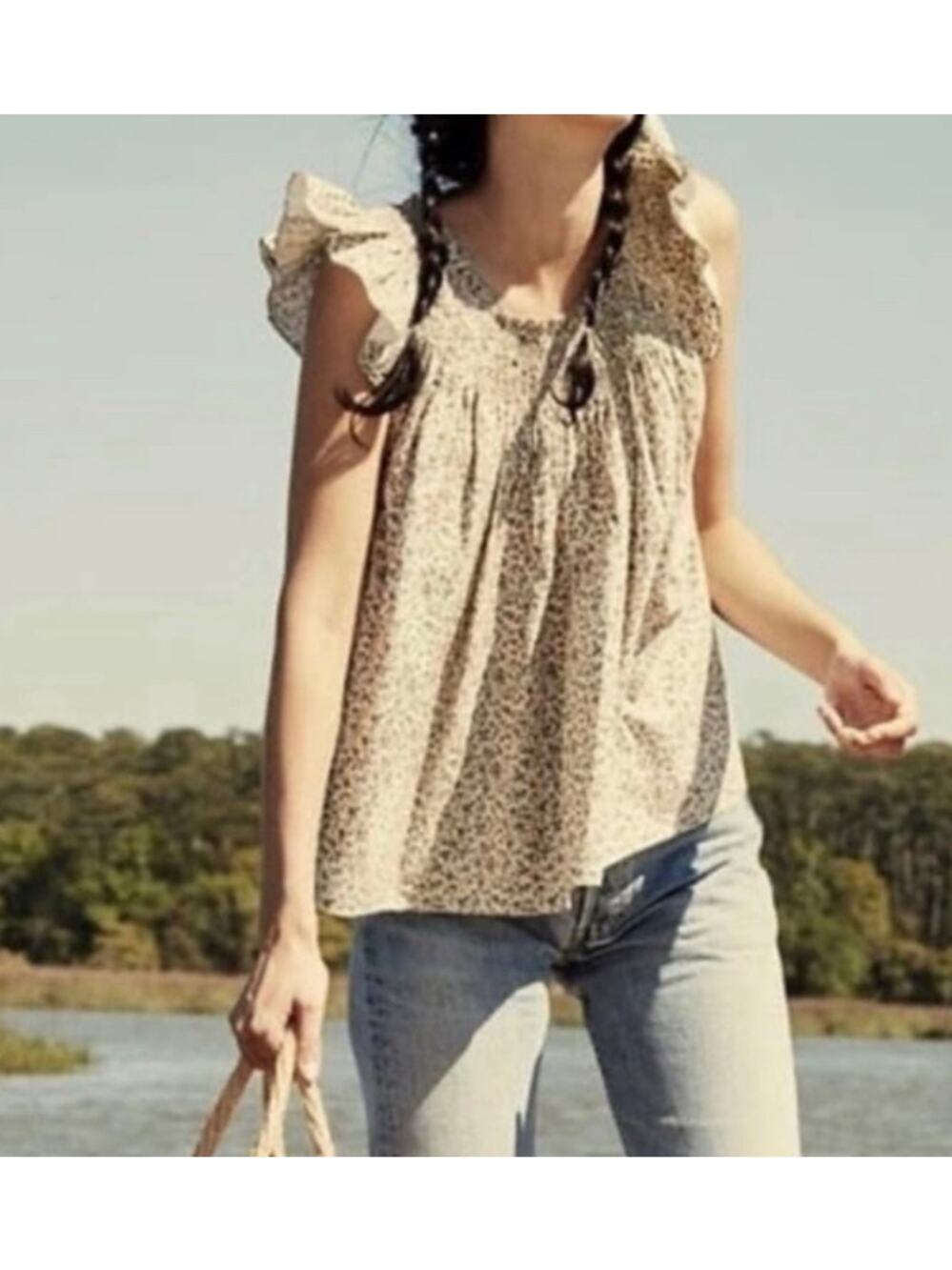 DOEN April Top in Green Summer Nectar Floral Print M